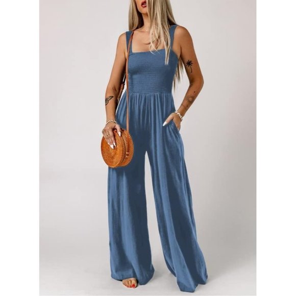 Women's Light Blue One Piece Sleeveless Wide Leg Long Pant Rompers With Pockets - Picture 1 of 6